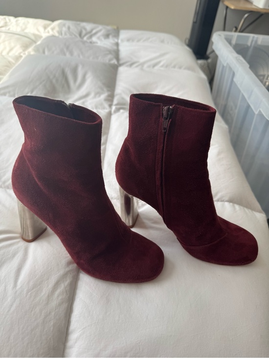 Celine Shoes - Celine Burgundy Suede Ankle Boots with Metallic Heel